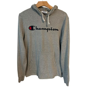 Champion Hoodie Sweatshirt Men's Medium Gray Blue Script Logo Pocket Drawstring